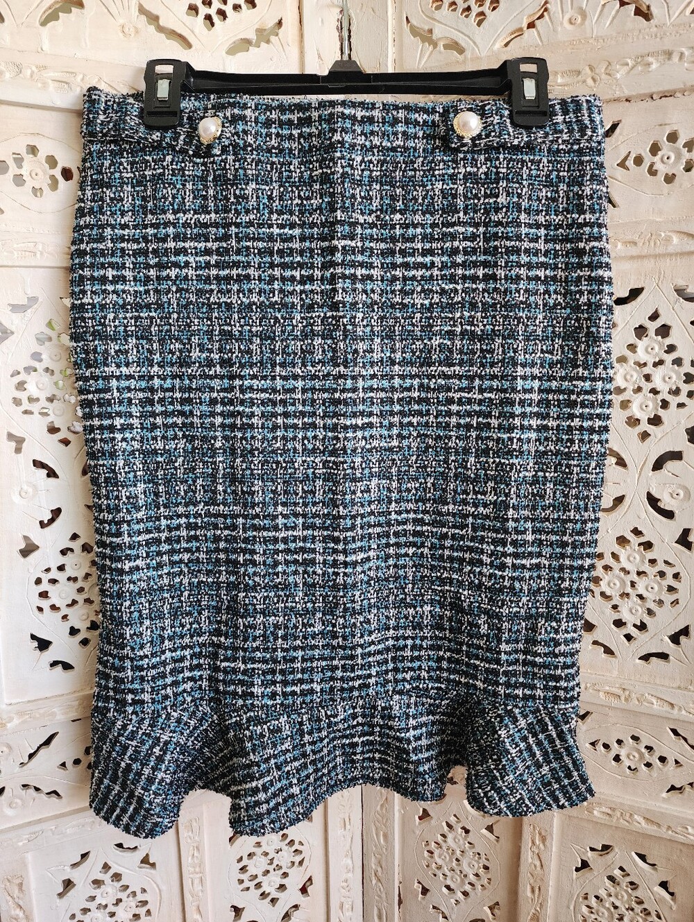 Messini Tweed Midi Pencil Skirt- Womens Size Medium- Black, White, Blue